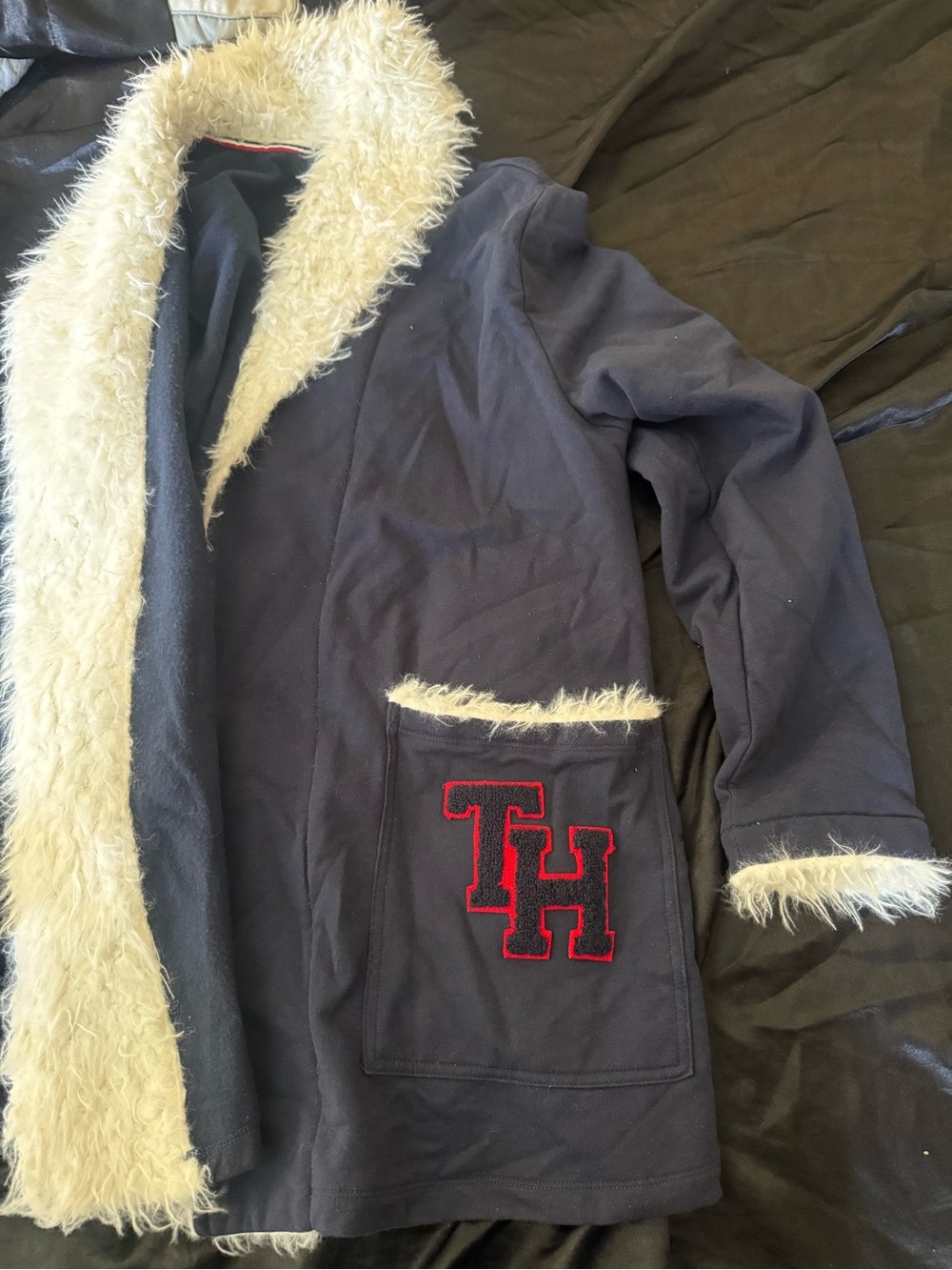 Tommy Hilfiger Navy Jacket with Cream Faux-Fur Trim and Red TH Patch